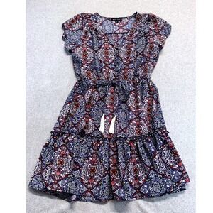 Max + Ash Bohemian Paisley Dress Small Blue Red Tassel Waist Tiered Mini Flowy